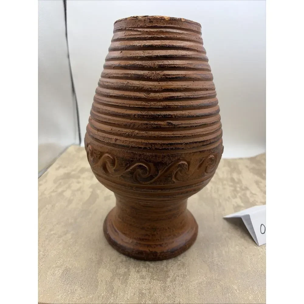 Vintage Hand Thrown Clay Vase With Wave Patterns And Rustic Brown Finish